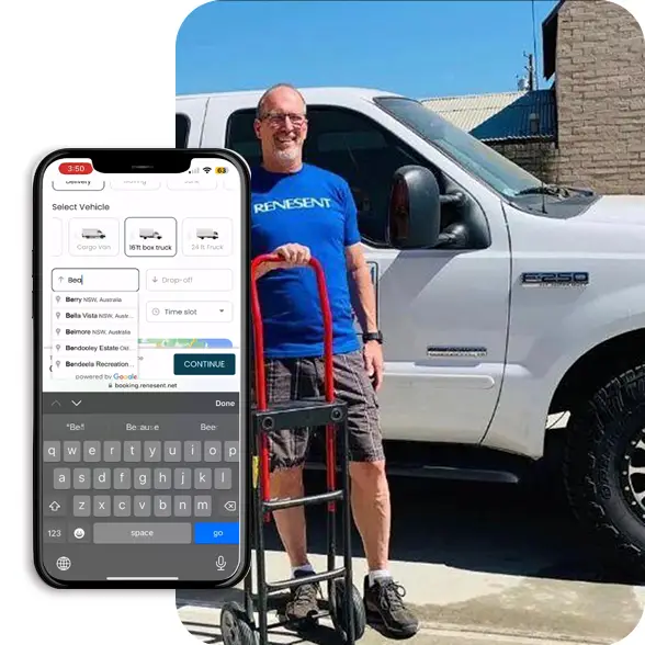 Renesent worker with dolly by truck, showcasing easy moving app